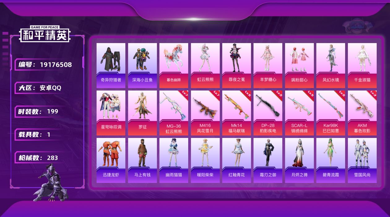 和平精英账号安卓QQ[19176508]安卓 手Q-8粉装-7特效枪-1载具-6粉色飞行器-84451热力值-13王牌印记-199套装-283枪皮
【热门品类】：套装-深海小丑鱼，套装-奇异狩猎者，套装-龟仙人，角色-M