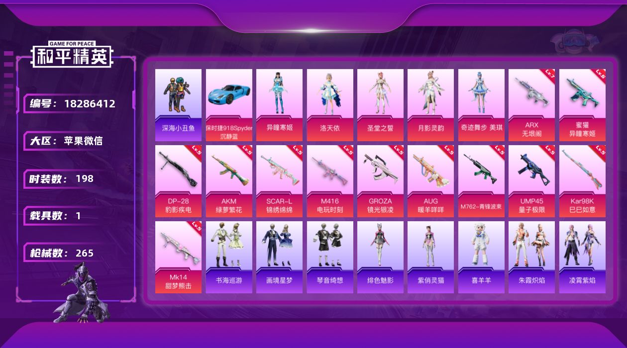 和平精英账号苹果微信[18286412]【特价出售/店主推荐】苹果 微信-5粉装-15特效枪-1载具-1粉色飞行器-78435热力值-16王牌印记-198套装-265枪皮【热门品类】：套装-深海小丑鱼，套装-龟仙人，角色