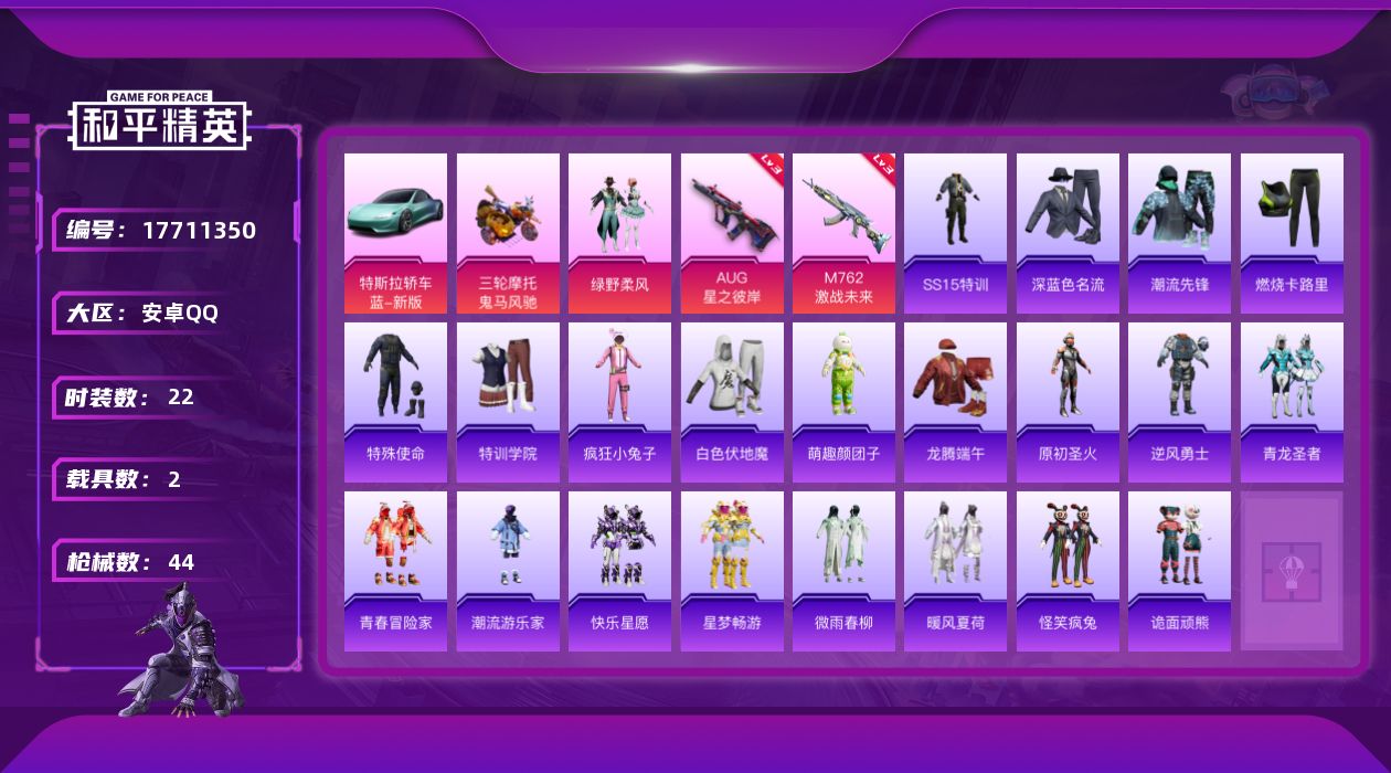 和平精英账号安卓QQ[17711350]安卓 手Q-1粉装-2特效枪-2载具-1粉色飞行器-16379热力值-0王牌印记-22套装-44枪皮【粉色套装】：粉装-绿野柔风【粉色枪皮等级】：AUG-星之彼岸(三级)，M762