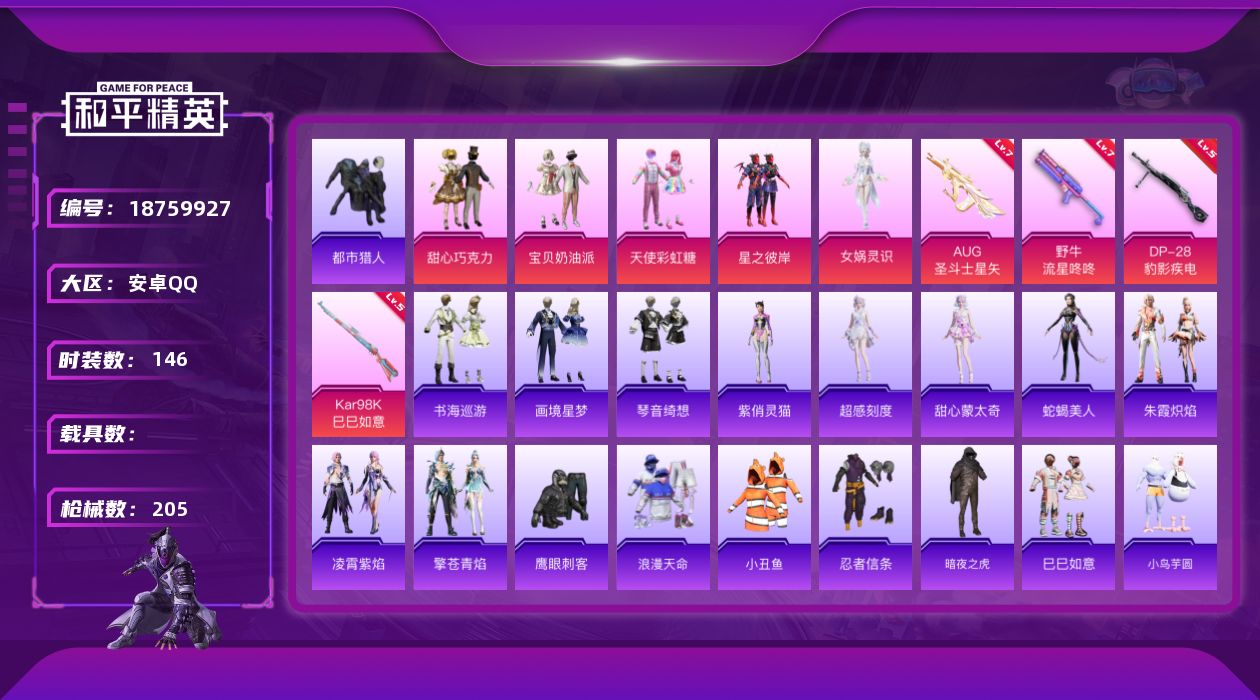 和平精英账号安卓QQ[18759927]146套装/枪械6/装备239/战备157/王牌印记13/热力值59625/七级AUG-圣斗士星矢/四级UMP45-萌骑冒险/七级野牛-流星咚咚/五级Kar98K-巳巳如意/五级M
