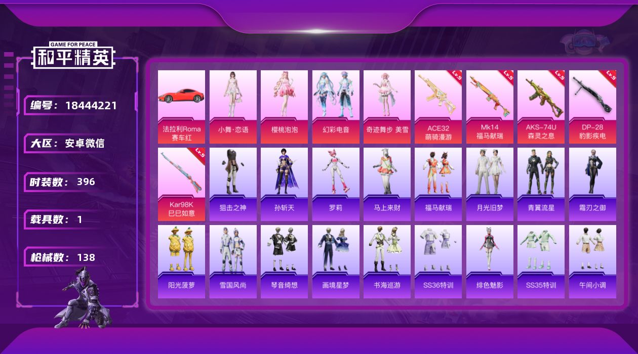 和平精英账号安卓微信4粉装 6特效枪 1载具 10印记 可二次 可修改实名 
【热门装扮】奇迹舞步-美雪,樱桃泡泡,小舞