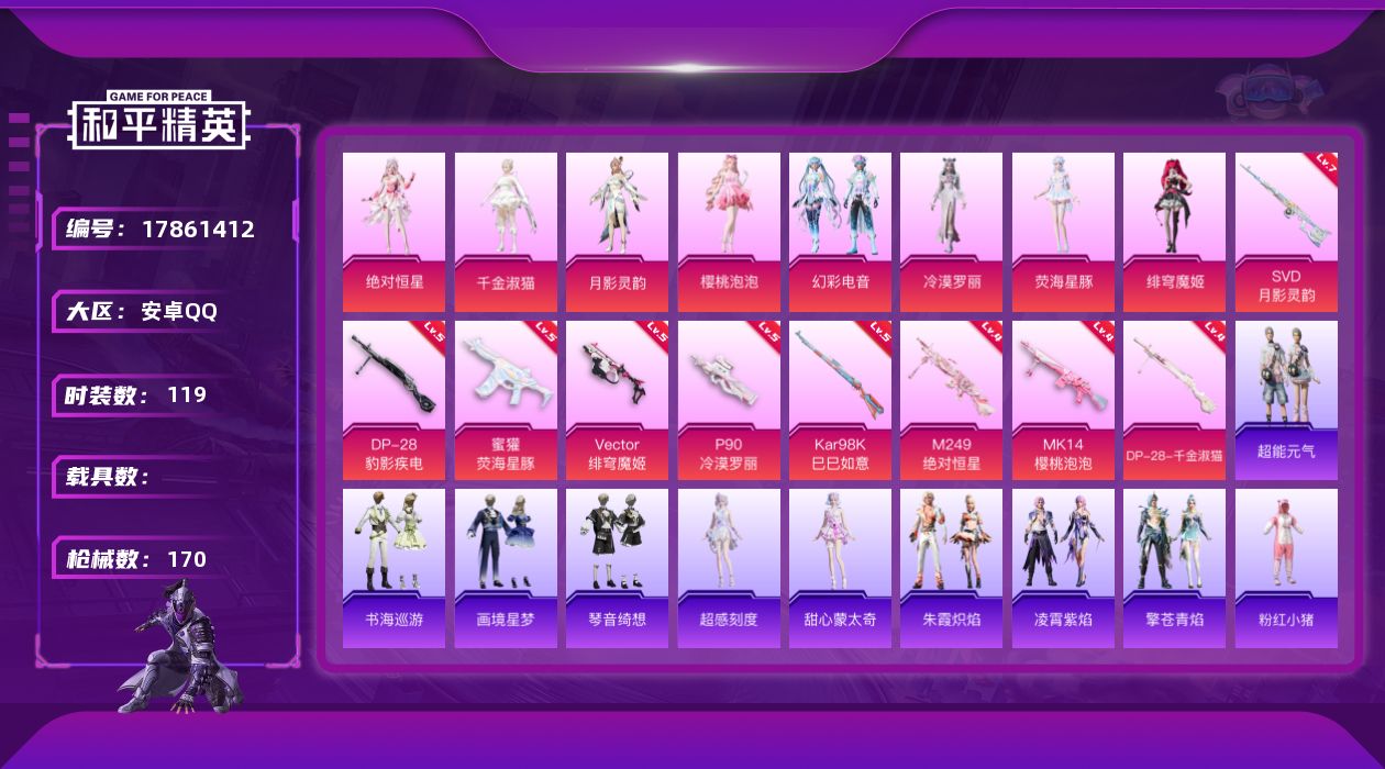 和平精英账号安卓QQ[17861412]【特价出售/店主推荐】安卓 手Q-9粉装-10特效枪-3粉色飞行器-53346热力值-3王牌印记-119套装-170枪皮【热门品类】：套装-粉红小猪【粉色套装】：角色-绝对恒星，角