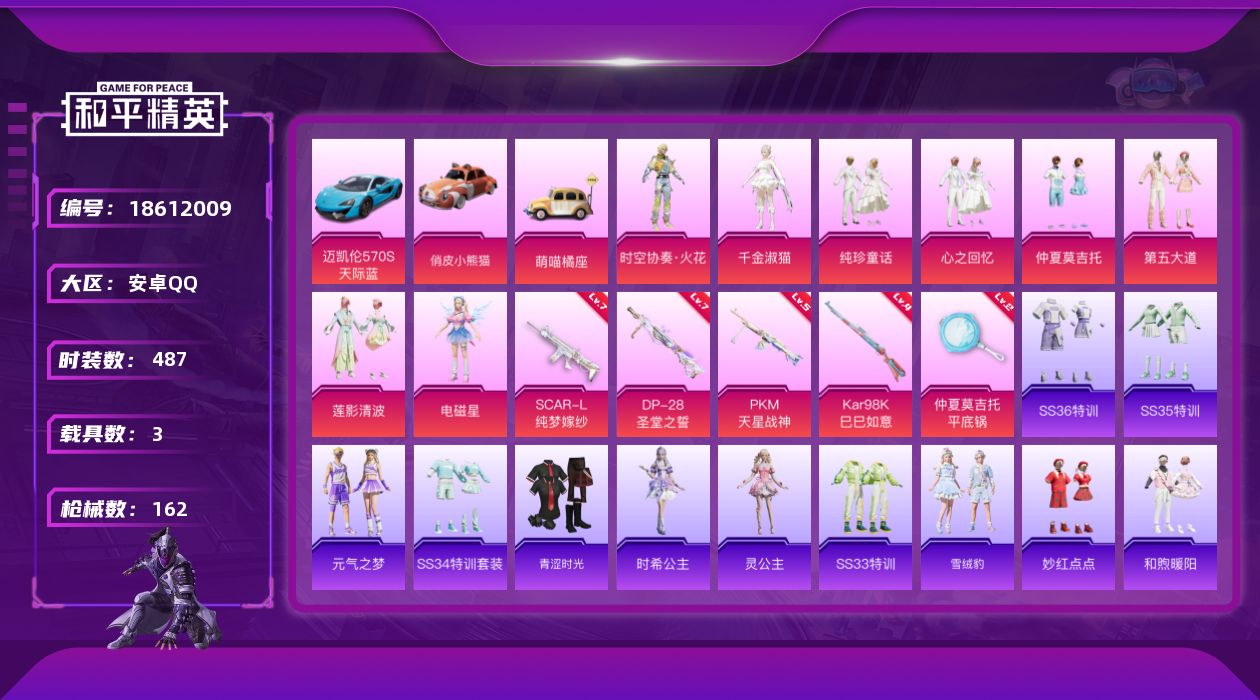 和平精英账号安卓QQ[18612009]3载具-127套装-162枪皮-1稀有3载具8粉装5特效枪6热门127套装162