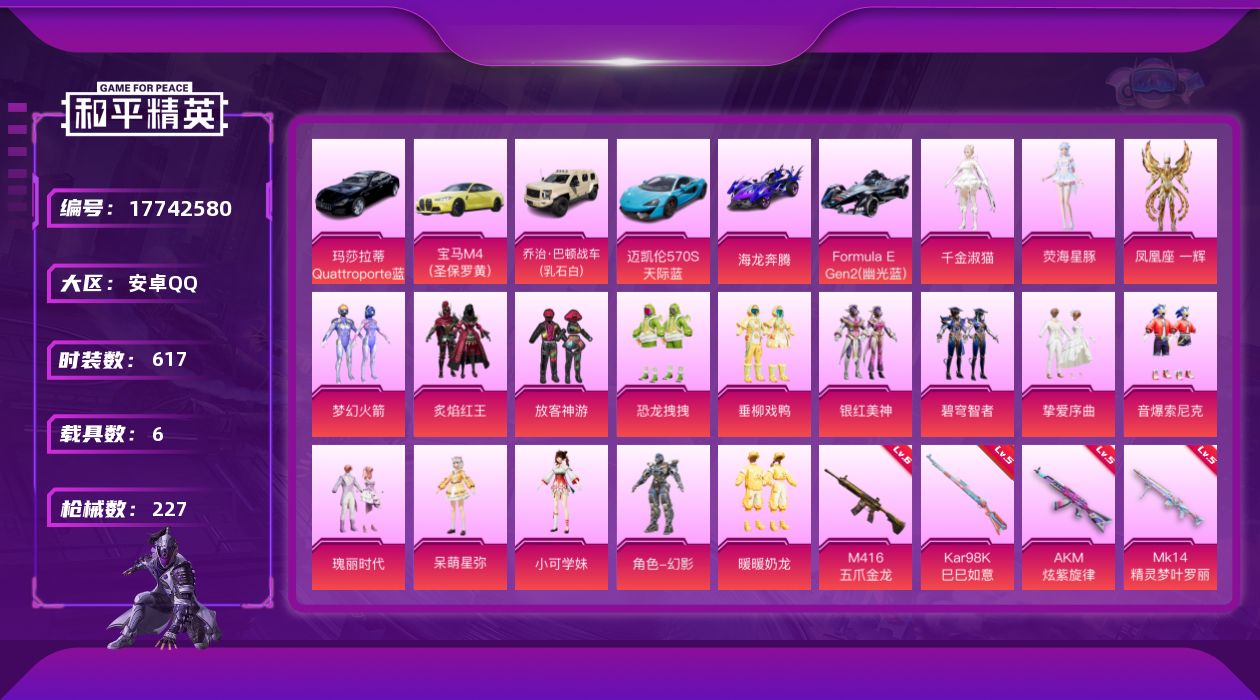 和平精英账号安卓QQ6载具-165套装-227枪皮-6载具17粉装7特效枪11热门165套装227枪皮 79260热力值
