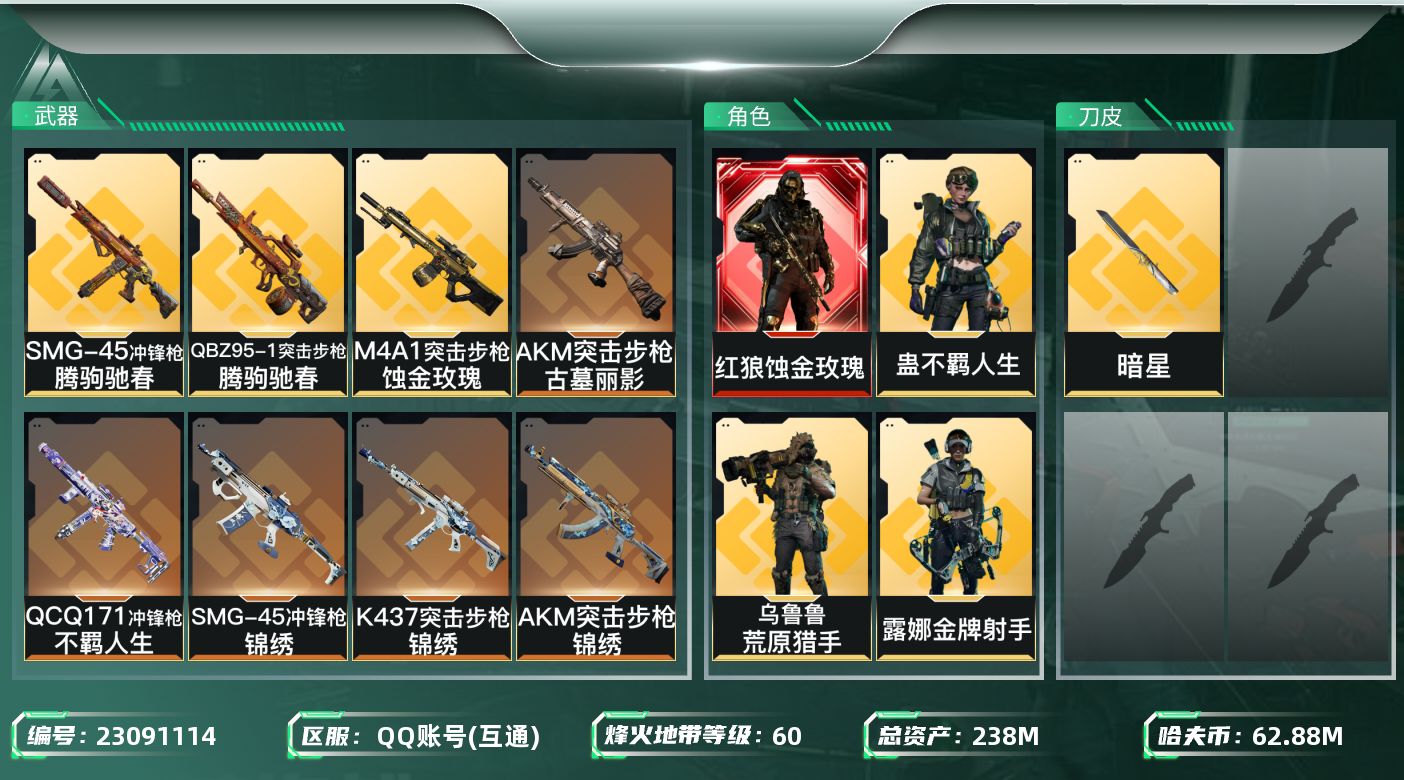 三角洲行动账号QQ【SJZEHC1213】EHC30121   1红皮/5金皮/1刀皮/暗星/125发aw/5六套/6