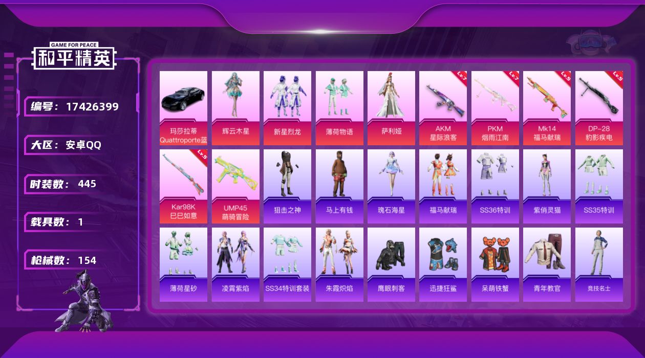 和平精英账号安卓QQ4粉装 6特效枪 1载具 7印记 可二次 
【热门装扮】萨利娅,辉云木星,新星烈龙(小白龙),薄荷物