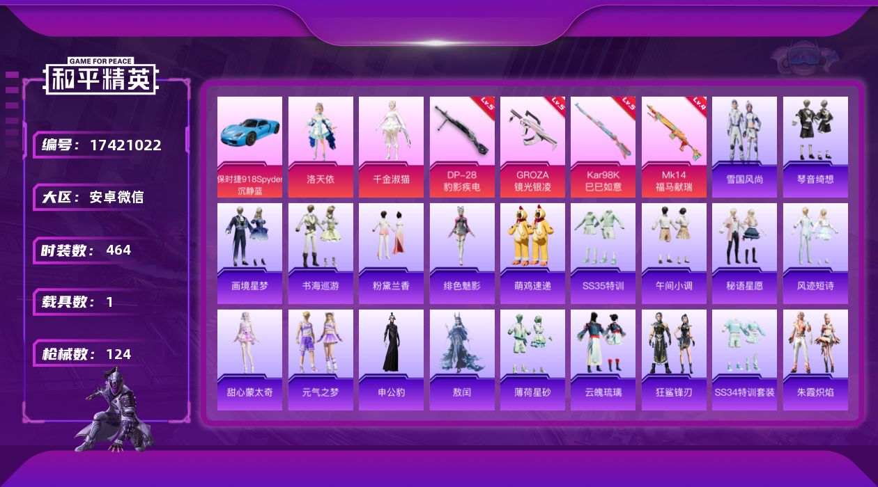 和平精英账号安卓微信2粉装 4特效枪 1载具 2印记 可二次 可修改实名 
【热门装扮】千金淑猫,洛天依
【载具】保时捷