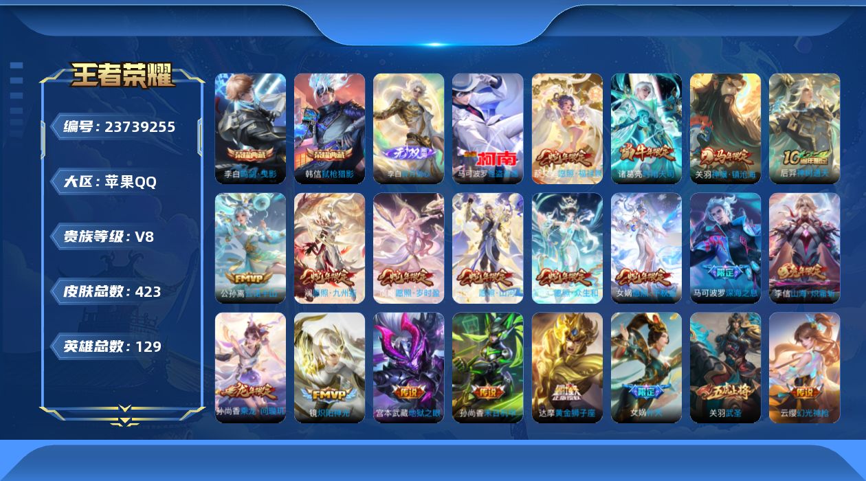 王者荣耀账号苹果QQ贵族8 荣耀典藏2 无双1 珍品传说1 传说皮肤27 史诗皮肤115 皮肤数量423 皮肤价值:322586 英雄129 荣耀王者 总场次12903