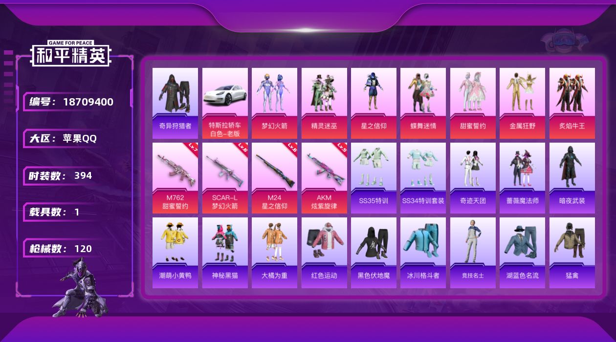 和平精英账号苹果QQ7粉装 4特效枪 1载具 9印记 可二次 可修改实名 
【热门装扮】奇异狩猎者,梦幻火箭(新101)