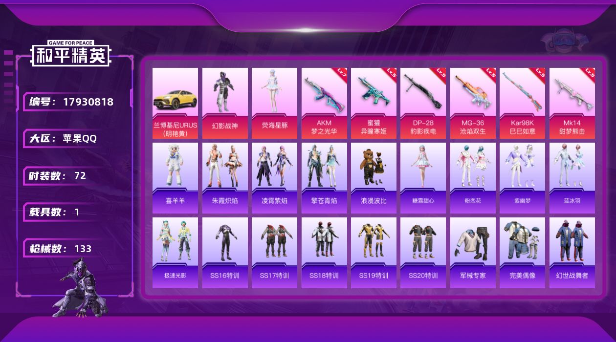 和平精英账号苹果QQ[17930818]苹果 手Q-2粉装-8特效枪-1载具-1粉色飞行器-38503热力值-7王牌印记-72套装-133枪皮
【热门品类】：套装-浪漫波比
【粉色套装】：粉装-幻影战神，角色-荧海星豚
