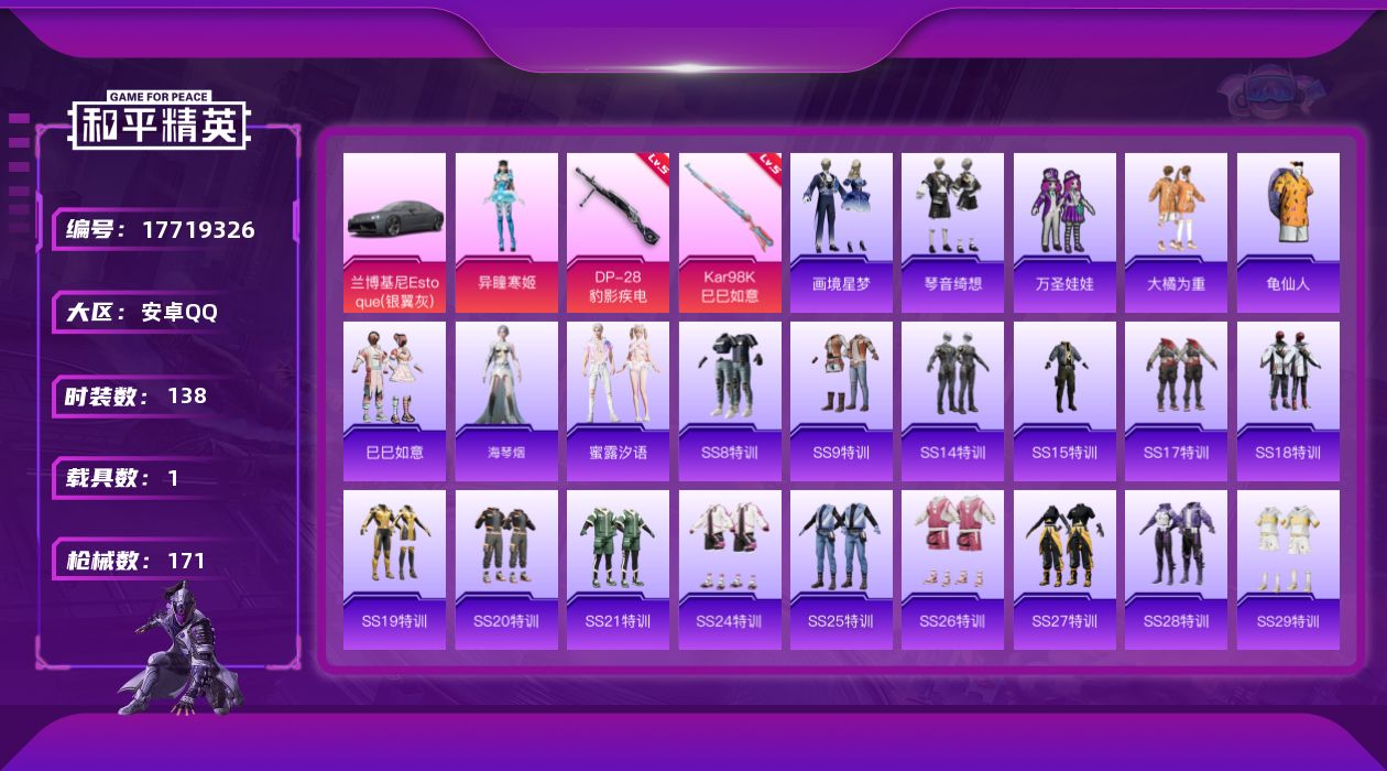 和平精英账号安卓QQ[17719326]安卓 手Q-1粉装-4特效枪-1载具-2粉色飞行器-49140热力值-7王牌印记-138套装-171枪皮
【热门品类】：套装-龟仙人
【粉色套装】：角色-异瞳寒姬
【粉色枪皮等级】