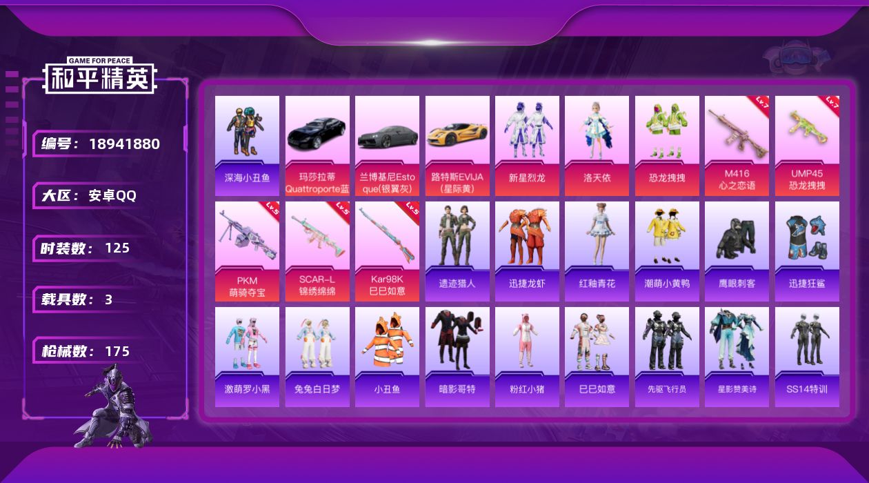 和平精英账号安卓QQ[18941880]125套装/枪械5/装备179/载具3/战备120/王牌印记11/热力值58965/五级SCAR-L-锦绣绵绵/七级M416-心之恋语/七级UMP45-恐龙拽拽/五级Kar98K-