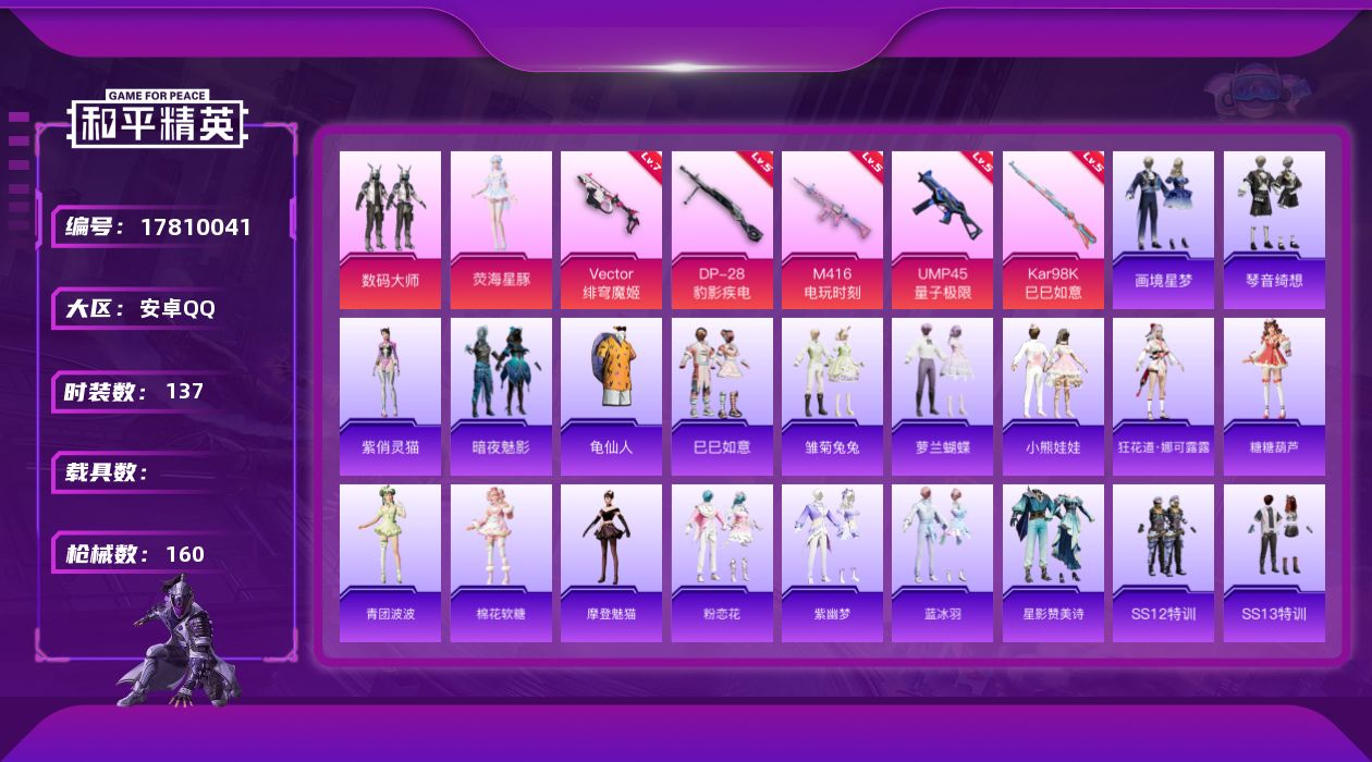 和平精英账号安卓QQ[17810041]地铁天赋满级 安卓 手Q-2粉装-5特效枪-0载具-1粉色飞行器-50694热力值-8王牌印记-137套装-160枪皮【热门品类】：套装-龟仙人【粉色套装】：粉装-数码大师，角色-
