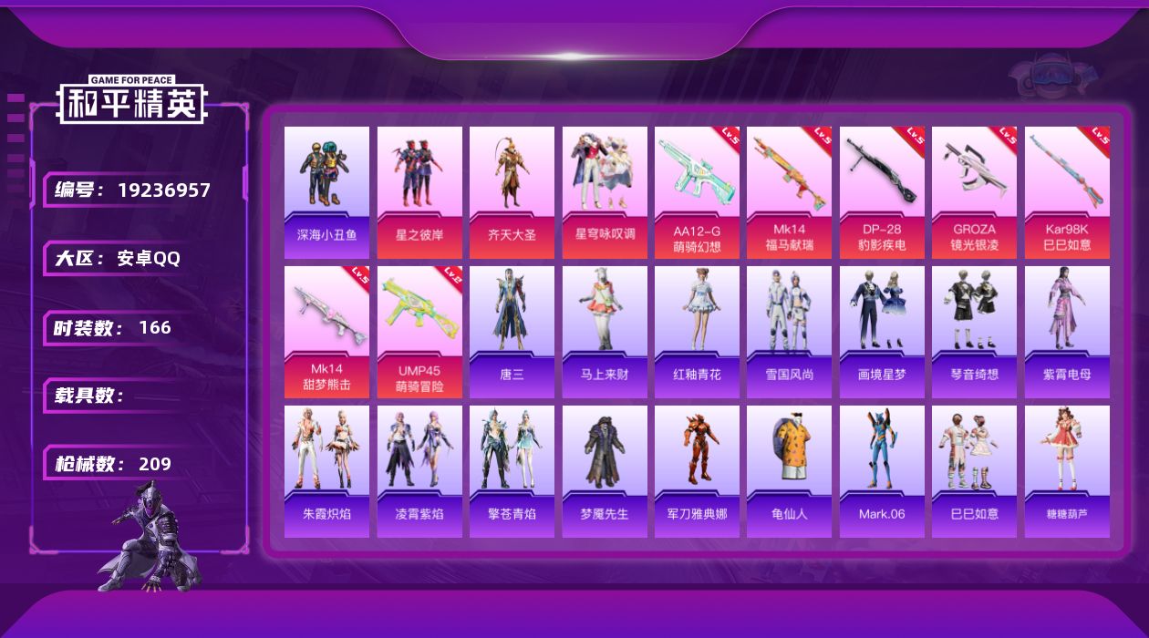 和平精英账号安卓QQ[19236957]安卓 手Q-3粉装-7特效枪-0载具-1粉色飞行器-56916热力值-15王牌印记-166套装-209枪皮
【热门品类】：套装-深海小丑鱼，角色-军刀雅典娜，套装-龟仙人，角色-M