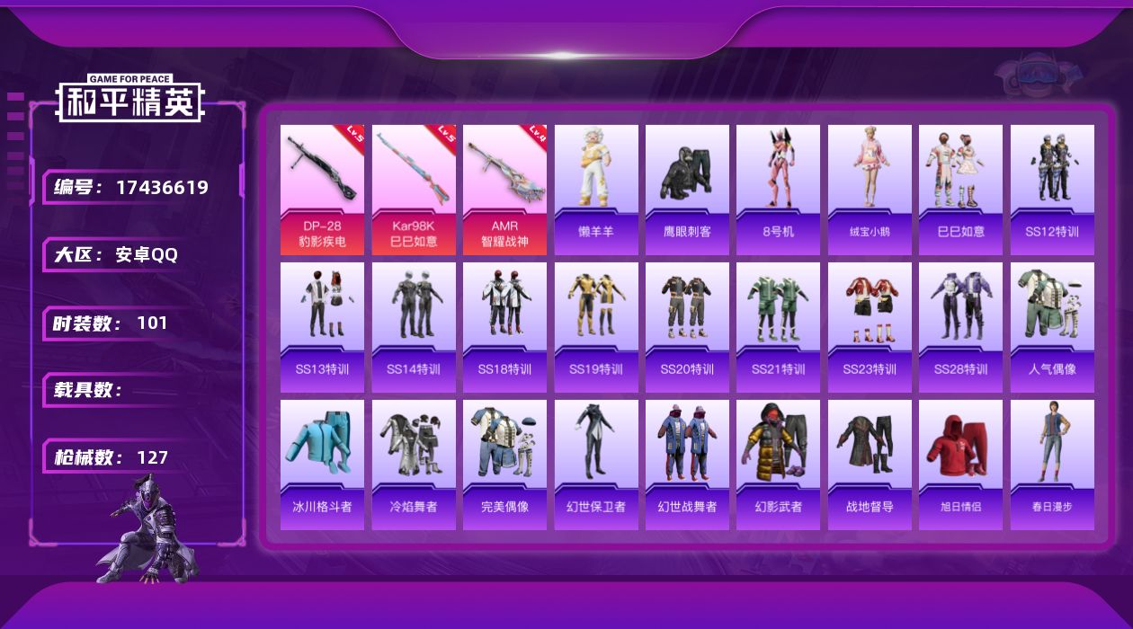 和平精英账号安卓QQ[17436619]【店主推荐捡漏号】安卓 手Q-1粉装-4特效枪-0载具-2粉色飞行器-32116热力值-10王牌印记-101套装-127枪皮【热门品类】：角色-8号机【粉色套装】：角色-虎痴许褚【