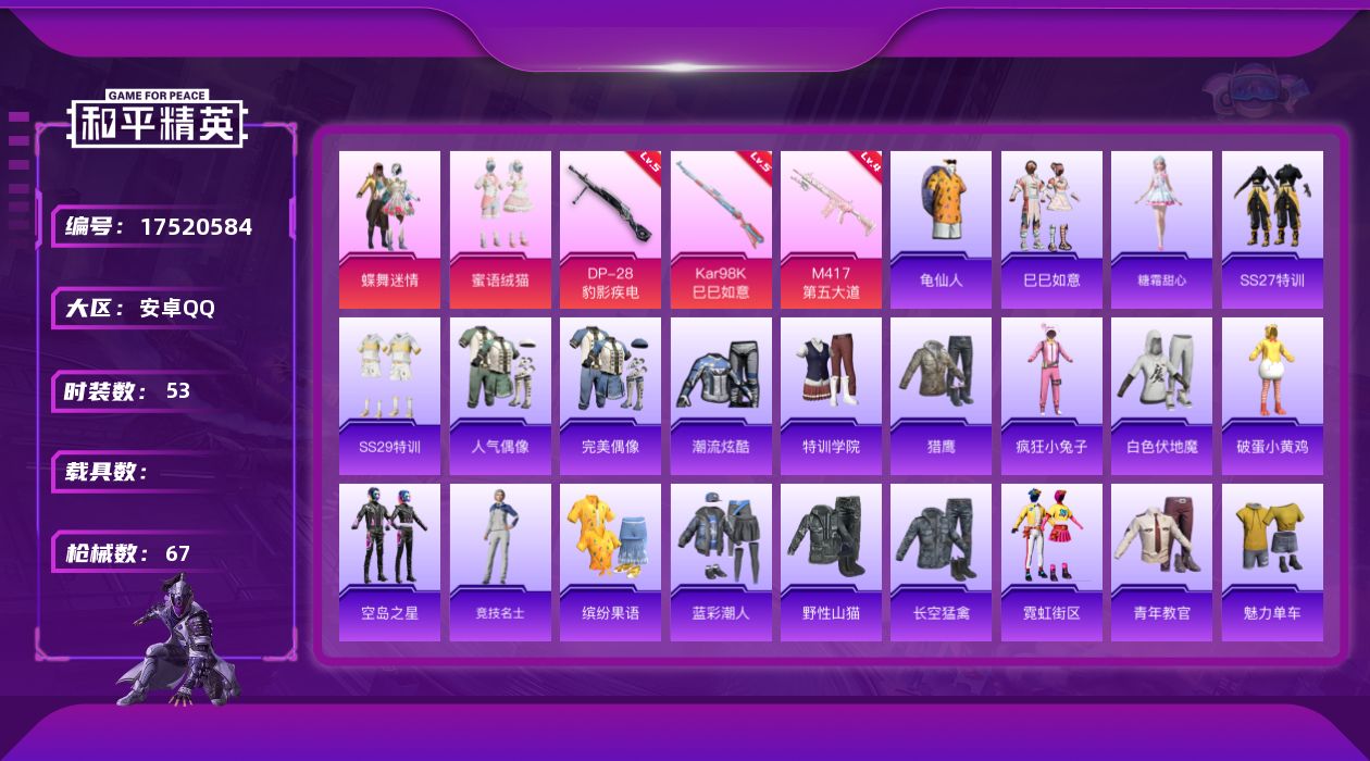 和平精英账号安卓QQ[17520584]安卓 手Q-2粉装-5特效枪-0载具-2粉色飞行器-22692热力值-6王牌印记-53套装-67枪皮
【热门品类】：套装-龟仙人
【粉色套装】：粉装-蝶舞迷情，粉装-蜜语绒猫
【粉