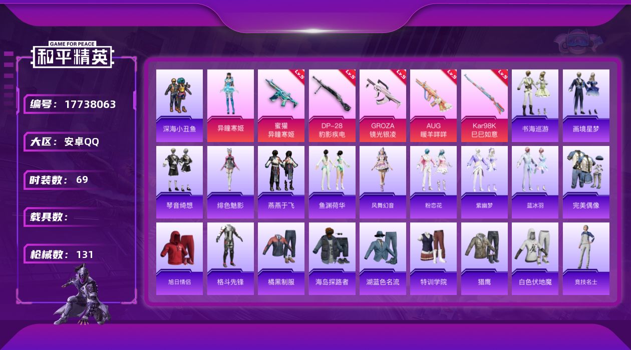 和平精英账号安卓QQ[17738063]安卓 手Q-1粉装-8特效枪-0载具-2粉色飞行器-31896热力值-5王牌印记-69套装-131枪皮
【热门品类】：套装-深海小丑鱼
【粉色套装】：角色-异瞳寒姬
【粉色枪皮等级