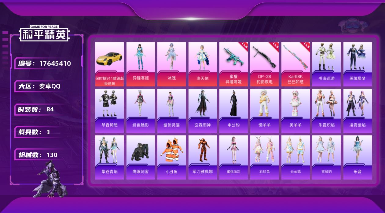 和平精英账号安卓QQ[17645410]安卓 手Q-5粉装-8特效枪-3载具-4粉色飞行器-39893热力值-4王牌印记-84套装-130枪皮
【热门品类】：套装-小丑鱼，角色-军刀雅典娜
【粉色套装】：角色-洛天依，角