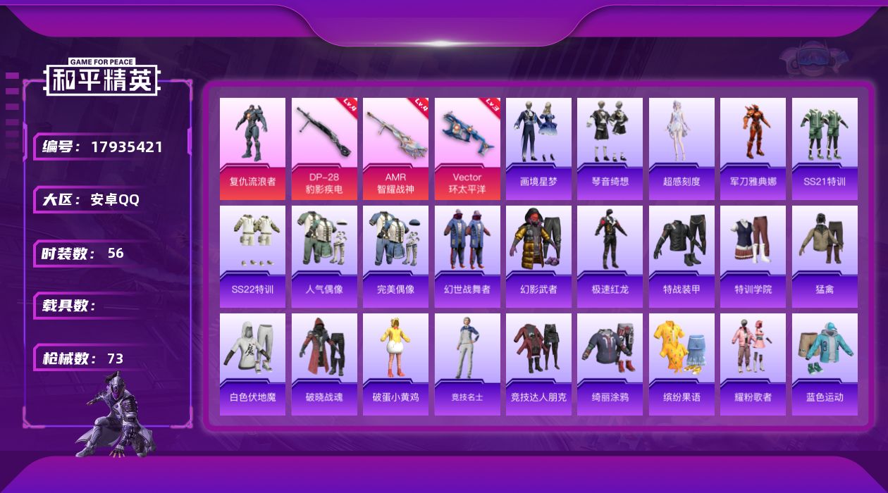 和平精英账号安卓QQ[17935421]可二次【特价出售/店主推荐】安卓 手Q-2粉装-5特效枪-1粉色飞行器-21924热力值-2王牌印记-56套装-73枪皮【热门品类】：角色-军刀雅典娜【粉色套装】：角色-复仇流浪者