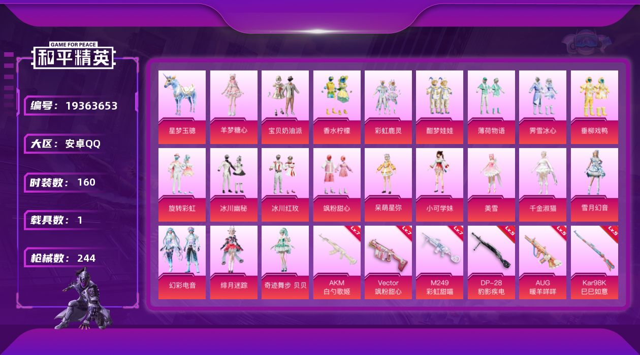 和平精英账号安卓QQ[19363653]安卓手Q-20粉装-10特效枪-1载具-11粉色飞行器-82380热力值-7王牌印记-160套装-244枪皮
【热门品类】：套装-浪漫天命，套装-小丑鱼，套装-龟仙人
【粉色套装】