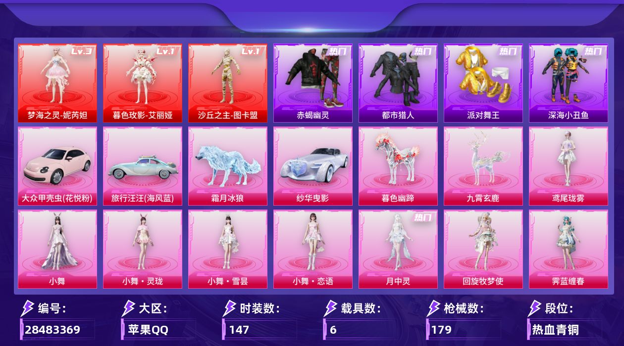 [28483369]苹果手Q-无敌战神框-3神装-23粉装-17特效枪-6载具-19粉色飞行器-77197热力值-5王牌印记-147套装-179枪皮
【红色神装等级】：暮色玫影-艾丽娅(一级)，梦海之灵-妮芮妲(三级)，沙丘之主-图卡盟(一级)
【红色角色神装】：暮色玫影-艾丽娅，梦海之灵-妮芮妲，沙丘之主-图卡盟
【热门品类】：粉装-雪国幻梦，粉装-梦幻火箭，套装-赤蝎幽灵，套装-都市猎人，套装-派对舞王，套装-深海小丑鱼，套装-暗影哥特，套装-糯粉咩咩，套装-软软马卡龙，套装-红熊茄茄
【粉色套装】：粉装-甜心巧克力，粉装-宝贝奶油派，粉装-天使彩虹糖，粉装-雪国幻梦，粉装-梦幻火箭，粉装-橘柚倾心，粉装-仲夏莫吉托，角色-呆萌星弥，粉装-镜光幻境，角色-樱桃泡泡，粉装-星月云朵，角色-绯穹魔姬，角色-花灵，角色-霁蓝缠春，角色-回旋牧梦使，角色-月中灵，人物-小舞，人物-小舞·灵珑，人物-小舞·雪昙，人物-小舞·恋语，角色-蜜语粉晶，角色-极地冰晶，角色-鸢尾珑雾
【粉色枪皮等级】：AKM-暮色玫影(三级)，SCAR-L-灵驹仙姬(三级)，SCAR-L-云端童话(五级)，GROZA-精灵之光(三级)，蜜獾-奇幻森林(五级)，ACE32-萌骑漫游(三级)，ACE32-百变纱华(三级)，AKS-74U-森灵之息(五级)，Mk14-樱桃泡泡(四级)，Mk14-福马献瑞(三级)，M417-第五大道(二级)，AA12-G-其乐融融(五级)，DP-28-豹影疾电(五级)，97MG-夜鸢箴言(二级)，烟雾弹-好运连连(四级)，燃烧瓶-薄荷可可(六级)，破片手榴弹-贪吃小熊(三级)
【粉色载具】：旅行汪汪（海风蓝），纱华曳影，大众甲壳虫（花悦粉），僚机-圣域龙宝，暮色幽蹄，九霄玄鹿，霜月冰狼
【粉色枪皮】：AKM-暮色玫影，SCAR-L-灵驹仙姬，SCAR-L-云端童话，GROZA-精灵之光，蜜獾-奇幻森林，ACE32-萌骑漫游，ACE32-百变纱华，AKS-74U-森灵之息，Mk14-樱桃泡泡，Mk14-福马献瑞，M417-第五大道，AA12-G-其乐融融，DP-28-豹影疾电，97MG-夜鸢箴言，烟雾弹-好运连连，燃烧瓶-薄荷可可，破片手榴弹-贪吃小熊
【粉色飞行器】：香车宝马飞行器，炫彩糖果飞行器，梦幻火箭飞行器，镜光幻境飞行翼，沙丘之主天马，幻海精灵飞行器，星梦奇缘飞行器，曦光华影飞行
