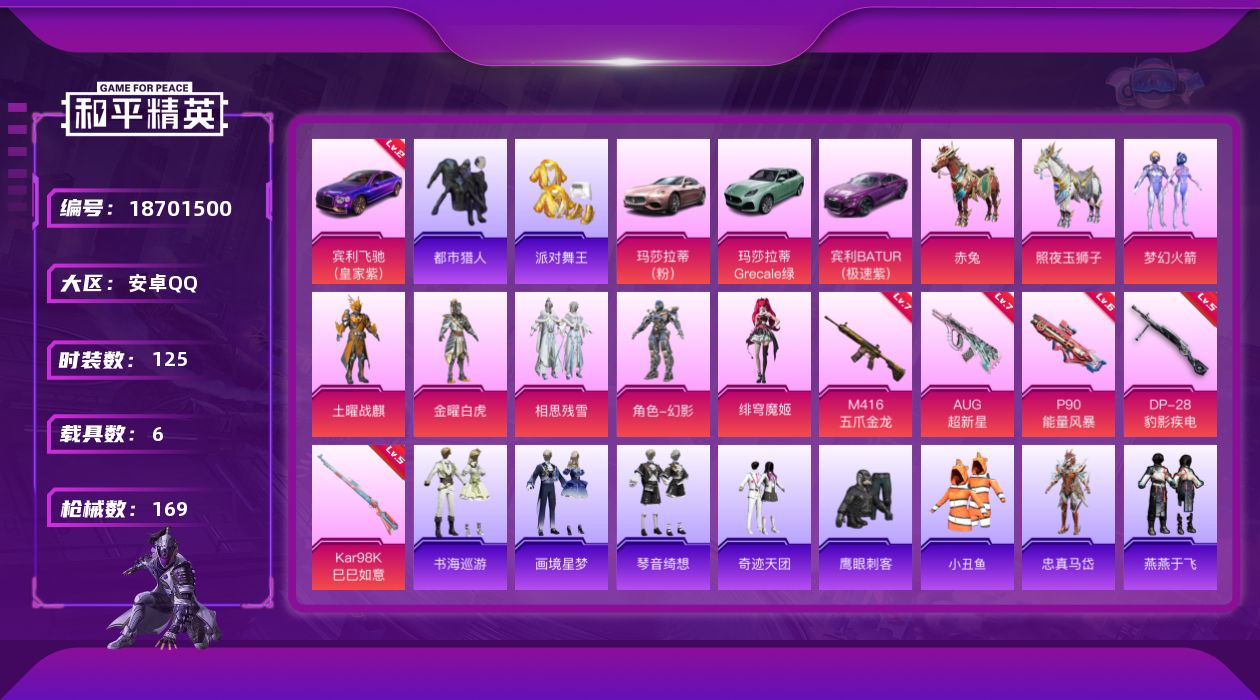 和平精英账号安卓QQ[18701500]【金鞋、都市、小热门】安卓 手Q-6粉装-7特效枪-6载具-5粉色飞行器-59923热力值-4王牌印记-125套装-169枪皮【红色载具】：宾利飞驰（皇家紫）(二级)【热门品类】：