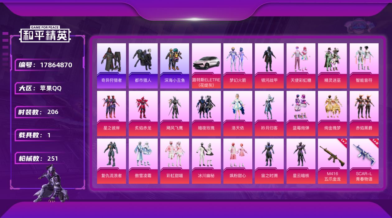 和平精英账号苹果QQ[17864870]苹果 手Q-21粉装-11特效枪-1载具-4粉色飞行器-86159热力值-10王牌印记-206套装-251枪皮
【热门品类】：粉装-梦幻火箭，套装-浪漫天命，套装-都市猎人，套装-