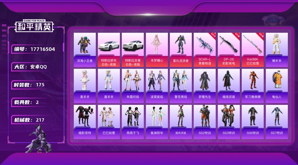 和平精英账号安卓QQ[17716504]【店主推荐捡漏号】安卓 手Q-2粉装-6特效枪-2载具-1粉色飞行器-68199热力值-13王牌印记-175套装-217枪皮【热门品类】：套装-深海小丑鱼，角色-军刀雅典娜，套装-