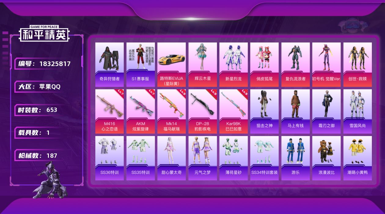 和平精英账号苹果QQ[18325817]6粉装 5特效枪 1载具 8印记 可二次 可修改实名 
【热门装扮】奇异狩猎者,
