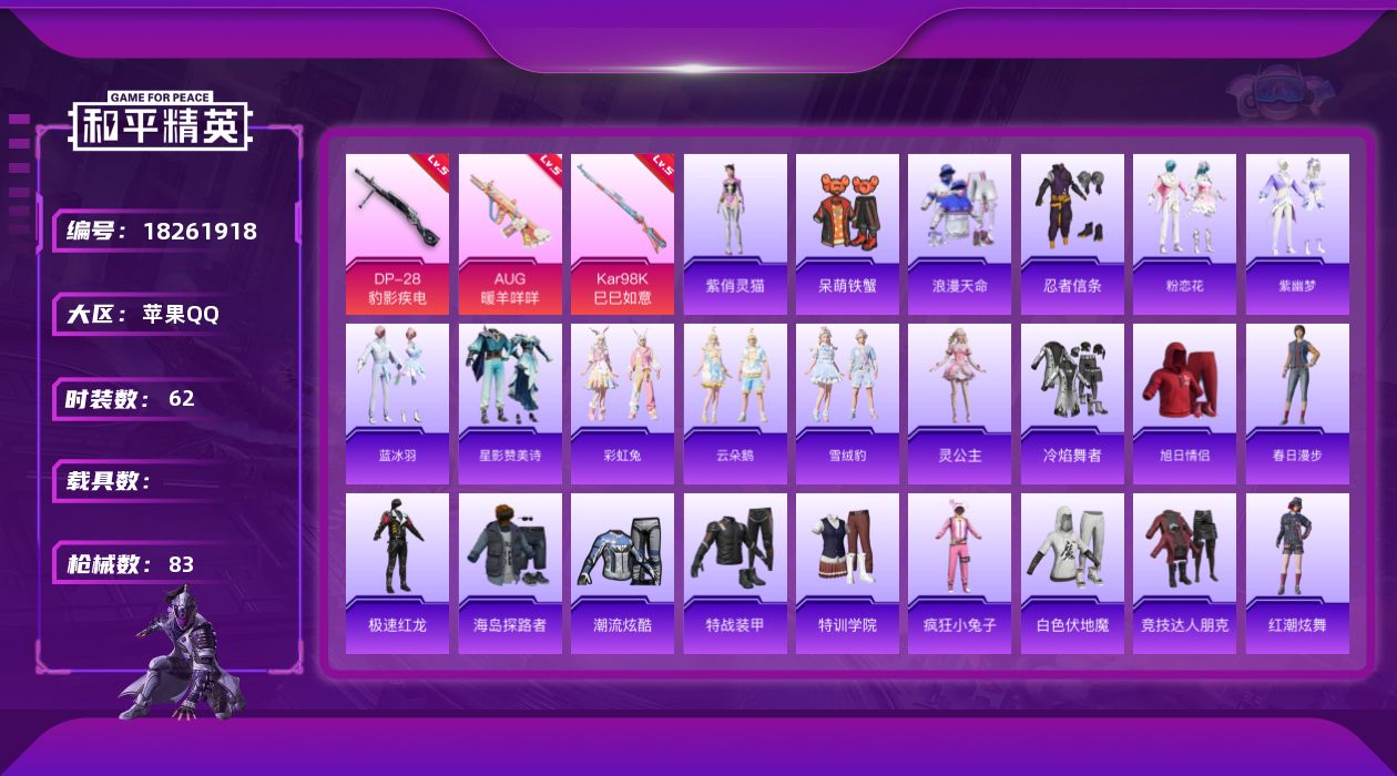 和平精英账号苹果QQ[18261918]苹果 手Q-0粉装-5特效枪-0载具-0粉色飞行器-20559热力值-5王牌印记-62套装-83枪皮
【热门品类】：套装-浪漫天命，套装-忍者信条
【粉色枪皮等级】：AUG-暖羊咩