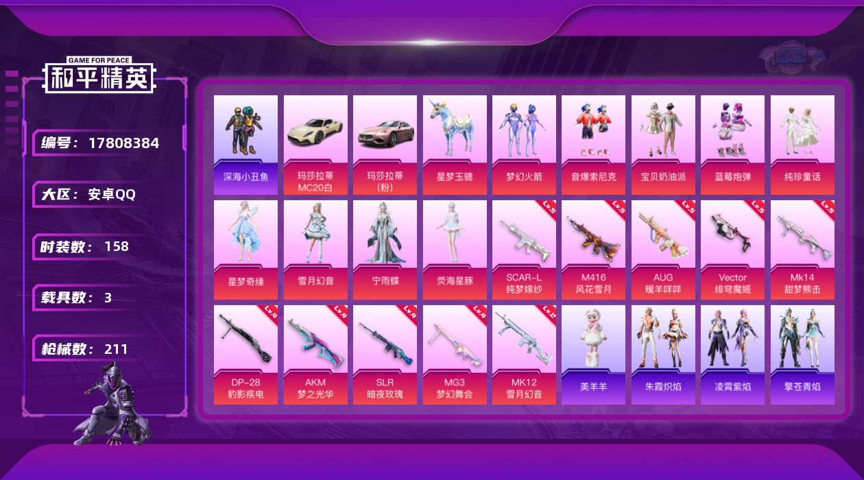 和平精英账号安卓QQ[17808384]【店主推荐捡漏号！可直接换绑】安卓 手Q-9粉装-10特效枪-3载具-3粉色飞行器-73857热力值-5王牌印记-158套装-211枪皮【热门品类】：粉装-梦幻火箭，粉装-音爆索尼