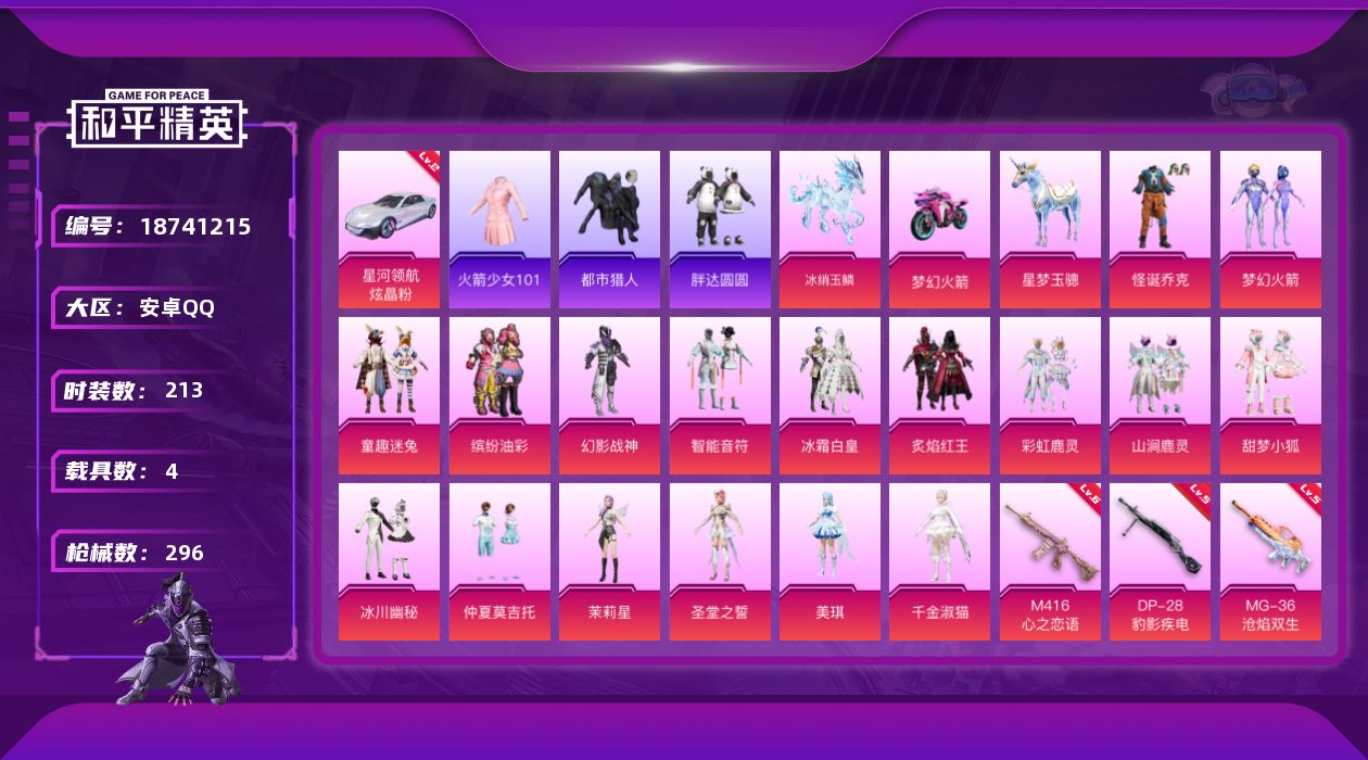 和平精英账号安卓QQ[18741215]安卓 手Q-18粉装-16特效枪-4载具-7粉色飞行器-101881热力值-9王牌印记-213套装-296枪皮
【红色载具】：星河领航（炫晶粉）(二级)
【热门品类】：粉装-怪诞乔