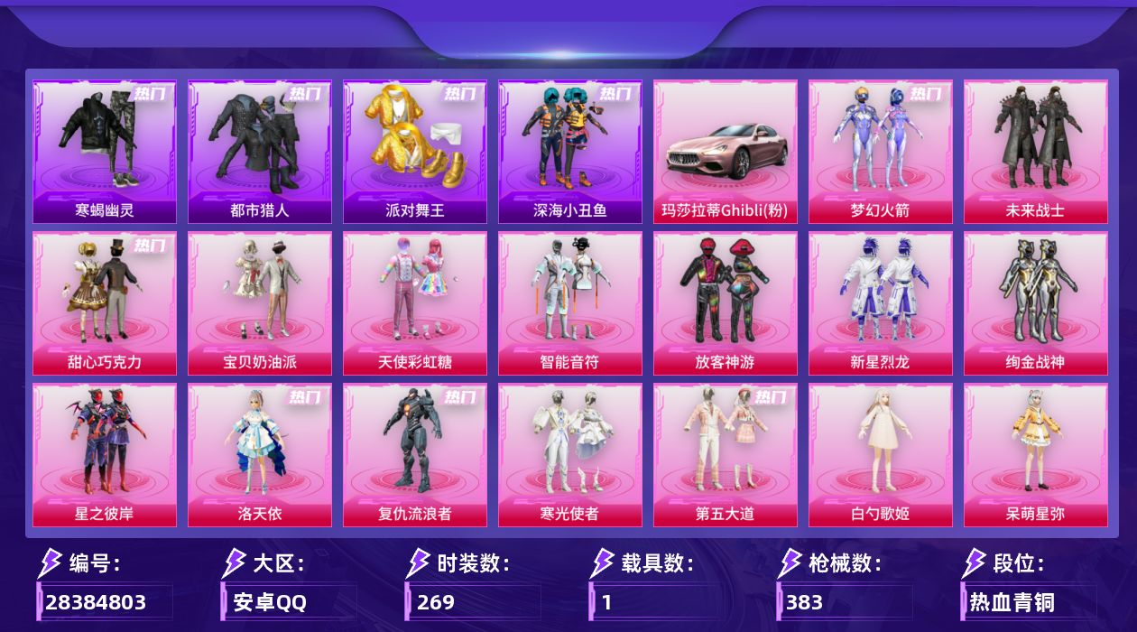 [28384803]【2175】269套装/枪械13/装备447/载具1/战备262/王牌印记26/热力值120967/梦幻火箭背包(2级)/梦幻火箭背包(1级)/甜心宝贝背包(3级)/甜心宝贝背包(2级)/甜心宝贝背包(1级)/幻影战神背包(3级)/幻影战神背包(2级)/幻影战神背包(1级)/金风玉露背包(3级)/深海小丑鱼背包(1级)/甜蜜誓约背包(3级)/甜蜜誓约背包(2级)/梦幻火箭头盔(3级)/梦幻火箭头盔(2级)/梦幻火箭头盔(1级)/甜心宝贝头盔(3级)/甜心宝贝头盔(2级)/甜心宝贝头盔(1级)/幻影战神头盔(3级)/幻影战神头盔(2级)/幻影战神头盔(1级)/深海小丑鱼头盔(3级)/深海小丑鱼头盔(1级)/梦幻火箭(新101)/寒蝎幽灵/浪漫天命/都市猎人/派对舞王/深海小丑鱼/小丑鱼/军刀雅典娜/金羽特工/忍者信条/龟仙人/潮萌小黄鸭/暗影哥特/浪漫波比/粉红小猪/七级AKM-星际浪客/七级SCAR-L-梦幻火箭/七级M416-心之恋语/九级M416-至情至圣/五级蜜獾-奇幻森林/五级Vector-流风之羽/五级汤姆逊-玉魄流云/五级AKS-74U-琉璃赤心/五级Kar98K-巳巳如意/五级MK14-福马献瑞/七级AMR-智耀战神/六级M417-第五大道/五级DP-28-豹影疾电/玛莎拉蒂Ghibli(粉)/碎梦浮光降落伞/破风疾驰降落伞/极限特训降落伞/幻影战神降落伞/未来战士降落伞/甜心宝贝降落伞/春暖花开降落伞/梦幻火箭降落伞/星之彼岸降落伞/暗夜玫瑰降落伞/齐天大圣降落伞/洛神天依降落伞/垂柳戏鸭降落伞/旋转彩虹降落伞/第五大道降落伞/白勺歌姬降落伞/莲影清波降落伞/守护天翼降落伞/千金淑猫降落伞/星穹咏叹调降落伞/冷漠罗丽降落伞/绯穹魔姬降落伞/洛天依降落伞/AKM星际浪客/SCAR-L梦幻火箭/M416心之恋语/M416至情至圣/蜜獾-奇幻森林/Vector-流风之羽/汤姆逊-玉魄流云/AKS-74U-琉璃赤心/Kar98K-巳巳如意/MK14-福马献瑞/AMR-智耀战神/M417第五大道/DP-28-豹影疾电/SS13特训/SS14特训/SS15特训/SS16特训/SS17特训/SS18特训/SS19特训/SS20特训/SS21特训/SS22特训/SS23特训/SS24特训/SS25特训/SS26特训/SS27特训/SS28特训/SS29特训/人气偶