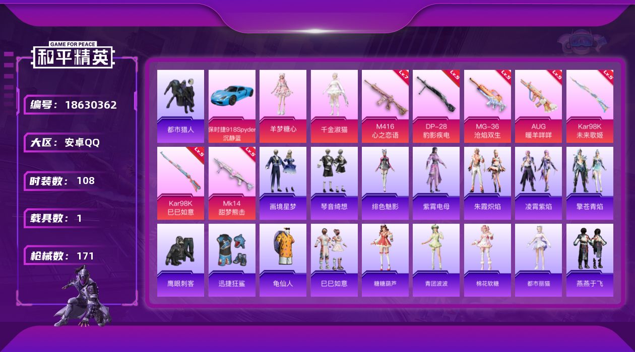 和平精英账号安卓QQ[18630362]安卓 手Q-2粉装-7特效枪-1载具-2粉色飞行器-47220热力值-11王牌印记-108套装-171枪皮
【热门品类】：套装-都市猎人，套装-龟仙人
【粉色套装】：角色-千金淑猫
