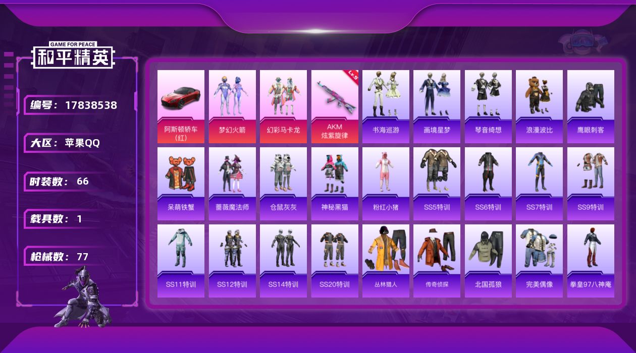 和平精英账号苹果QQ[17838538]苹果 手Q-2粉装-3特效枪-1载具-1粉色飞行器-25841热力值-5王牌印记-66套装-77枪皮
【热门品类】：粉装-梦幻火箭，套装-浪漫波比，套装-粉红小猪
【粉色套装】：粉