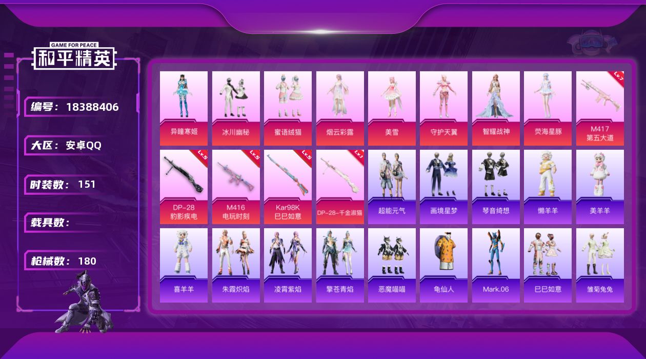 和平精英账号安卓QQ[18388406]安卓 手Q-9粉装-6特效枪-0载具-3粉色飞行器-59033热力值-9王牌印记-151套装-180枪皮
【热门品类】：套装-龟仙人，角色-Mark.06
【粉色套装】：粉装-冰川