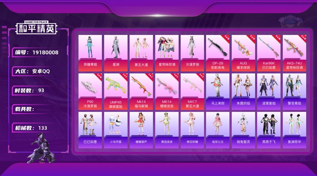 和平精英账号安卓QQ[19180008]安卓 手Q-6粉装-9特效枪-0载具-3粉色飞行器-40011热力值-5王牌印记-93套装-133枪皮
【粉色套装】：粉装-第五大道，粉装-星穹咏叹调，角色-冷漠罗丽，角色-星渊，