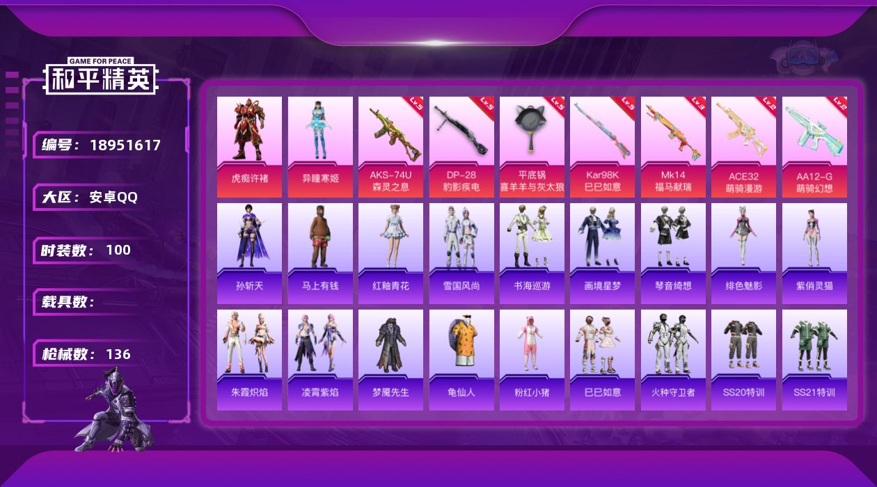 和平精英账号安卓QQ[18951617]安卓 手Q-2粉装-7特效枪-0载具-2粉色飞行器-35446热力值-5王牌印记-100套装-136枪皮
【热门品类】：套装-龟仙人，套装-粉红小猪
【粉色套装】：角色-异瞳寒姬，