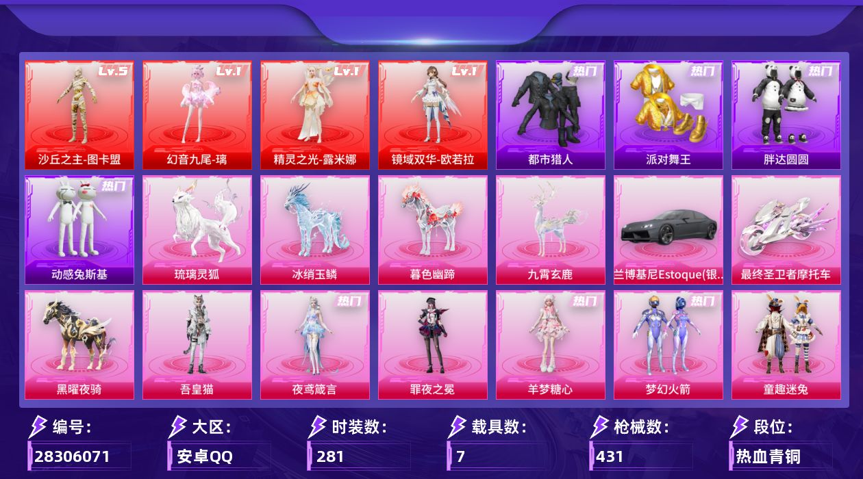 [28306071]安卓手Q-历史最高段位：超级王牌14星-4神装-41粉装-33特效枪-7载具-24粉色飞行器-166953热力值-19王牌印记-281套装-431枪皮
【红色神装等级】：幻音九尾-璃(一级)，精灵之光-露米娜(一级)，镜域双华-欧若拉(一级)，沙丘之主-图卡盟(五级)
【红色角色神装】：幻音九尾-璃，精灵之光-露米娜，镜域双华-欧若拉，沙丘之主-图卡盟
【热门品类】：粉装-梦幻火箭，粉装-童趣迷兔，粉装-缤纷油彩，套装-浪漫天命，套装-都市猎人，套装-派对舞王，套装-胖达圆圆，套装-动感兔斯基人偶服，角色-2B战斗服款，套装-六号树人，套装-龟仙人，套装-暗影哥特，套装-红熊茄茄
【粉色套装】：粉装-蝶舞迷情，粉装-梦幻火箭，粉装-缤纷油彩，粉装-放客神游，粉装-星空之魅，粉装-冰霜白皇，粉装-童趣迷兔，粉装-炙焰红王，粉装-暗翼战神，粉装-蜜桃特工，粉装-彩虹鹿灵，粉装-山涧鹿灵，角色-洛天依，粉装-海盐物语，粉装-赤焰黑爵，粉装-甜梦小狐，粉装-暖熊萌萌，粉装-灵感创作师，粉装-彩虹甜喵，粉装-千面幻镜，粉装-冰川幽秘，粉装-冰川红玫，粉装-寒光使者，粉装-暗夜鎏金，粉装-第五大道，角色-白勺歌姬，角色-呆萌星弥，角色-小可学妹，粉装-天星战神，角色-宙之时溯，角色-星云暗核，角色-圣堂之誓，粉装-金丰海韵，角色-千金淑猫，角色-樱桃泡泡，角色-智耀战神，角色-荧海星豚，角色-羊梦糖心，角色-罪夜之冕，角色-夜鸢箴言，角色-吾皇猫
【粉色枪皮等级】：UMP45-霜月狼主(三级)，AKM-盖世英雄(九级)，AKM-绿萝繁花(五级)，AKM-暮色玫影(三级)，SCAR-L-童趣迷兔(七级)，SCAR-L-锦绣绵绵(五级)，M416-暖熊萌萌(六级)，GROZA-焦糖拿铁(七级)，GROZA-幻音九尾(三级)，AUG-超新星(五级)，M762-甜蜜誓约(五级)，AC-VAL-君莫笑(三级)，UMP45-相思残雪(二级)，UMP45-恐龙拽拽(五级)，UMP45-萌骑冒险(三级)，Vector-最终圣卫者(三级)，汤姆逊-玉魄流云(五级)，AKS-74U-森灵之息(五级)，Kar98K-巳巳如意(五级)，M24-镜域双华(三级)，Mk14-精灵梦叶罗丽(二级)，Mk14-盛世惊鸿(三级)，Mk14-樱桃泡泡(一级)，Mk14-福马献瑞(五级)，AMR-智耀战神(五级)