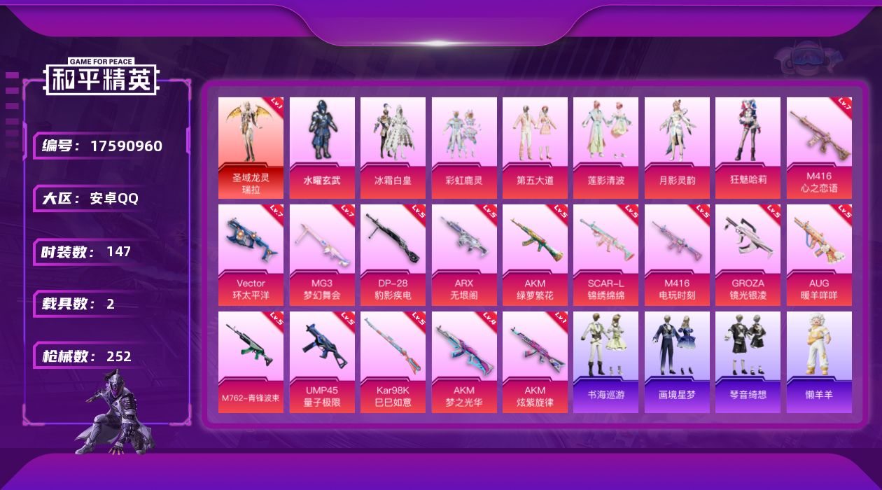 和平精英账号安卓QQ[17590960]【店主推荐捡漏号！可直接换绑】安卓 手Q-1神装-10粉装-21特效枪-2载具-7粉色飞行器-86837热力值-13王牌印记-147套装-252枪皮
【红色神装等级】：圣域龙灵-瑞
