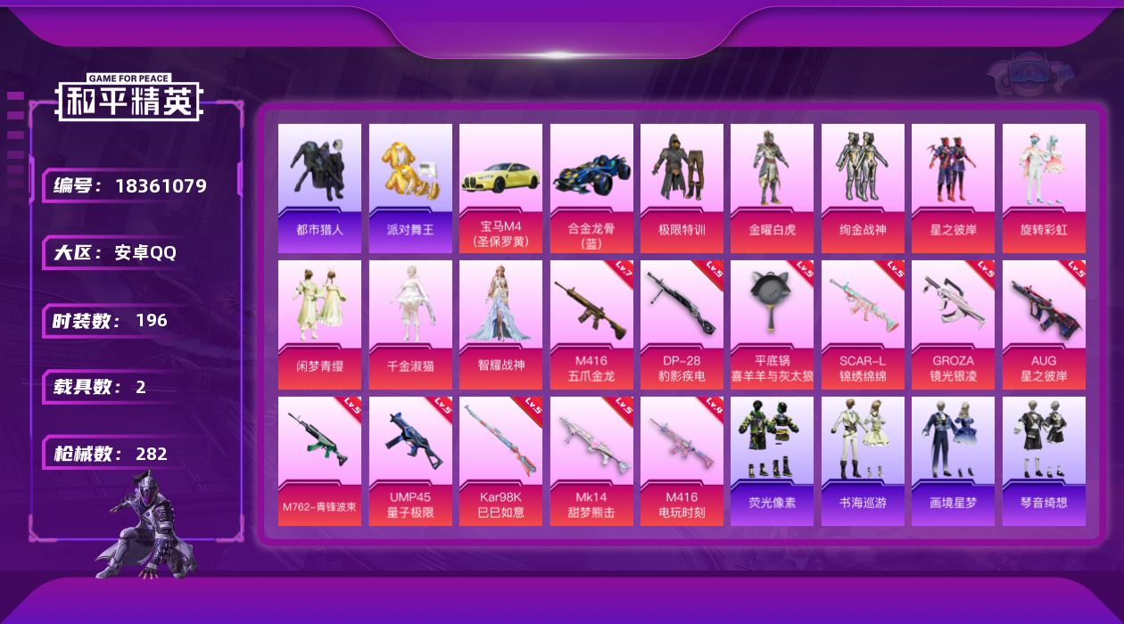 和平精英账号安卓QQ[18361079]安卓 手Q-8粉装-15特效枪-2载具-3粉色飞行器-84483热力值-15王牌印记-196套装-282枪皮
【热门品类】：套装-浪漫天命，套装-都市猎人，套装-派对舞王，套装-龟