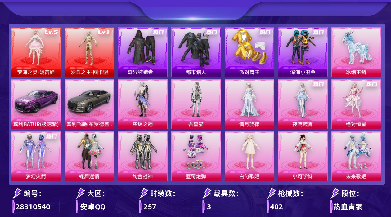 [28310540]安卓手Q-历史最高段位：绝世王牌23星-2神装-20粉装-31特效枪-3载具-12粉色飞行器-144678热力值-23王牌印记-257套装-402枪皮
【红色神装等级】：梦海之灵-妮芮妲(五级)，沙丘之主-图卡盟(一级)
【红色角色神装】：梦海之灵-妮芮妲，沙丘之主-图卡盟
【热门品类】：粉装-梦幻火箭，绝对防御上衣，套装-浪漫天命，套装-都市猎人，套装-派对舞王，套装-深海小丑鱼，套装-奇异狩猎者，套装-龟仙人，套装-潮萌小黄鸭，套装-暗影哥特，套装-浪漫波比，角色-8号机，角色-Mark.06
【粉色套装】：角色-绝对恒星，角色-满月旋律，角色-灰烬之翎，粉装-蝶舞迷情，粉装-梦幻火箭，粉装-绚金战神，粉装-蓝莓炮弹，角色-白勺歌姬，角色-小可学妹，粉装-未来歌姬，粉装-暖暖奶龙，角色-电磁星，套装-创世·救赎，角色-初号机 觉醒Ver.，角色-樱桃泡泡，粉装-雪月幻音，角色-夜鸢箴言，角色-吾皇猫，人物-洛天依·龙灵，人物-洛天依·花嫁
【粉色枪皮等级】：AKM-梦之光华(五级)，AKM-绿萝繁花(五级)，AKM-满月旋律(一级)，SCAR-L-机甲封神(五级)，M416-五爪金龙(七级)，GROZA-圣辉之星(五级)，AUG-超新星(六级)，M762-激战未来(五级)，蜜獾-奇幻森林(五级)，Famas-初号机 觉醒Ver.(四级)，ARX-神木藏锋(五级)，UMP45-宇宙意志(三级)，Vector-流风之羽(五级)，汤姆逊-玉魄流云(五级)，AKS-74U-森灵之息(五级)，AKS-74U-琉璃赤心(五级)，P90-金丰海韵(四级)，Kar98K-巳巳如意(五级)，Mk14-盛世惊鸿(三级)，Mk14-樱桃泡泡(四级)，Mk14-福马献瑞(五级)，M417-第五大道(一级)，M417-灰烬之翎(二级)，M200-梦海之灵(三级)，AA12-G-萌骑幻想(五级)，AA12-G-其乐融融(五级)，M249-绝对恒星(四级)，DP-28-扶摇飞仙(五级)，DP-28-豹影疾电(五级)，MG3-酷泡奶龙(四级)，MG-36-沧焰双生(五级)
【粉色载具】：宾利BATUR（极速紫），宾利飞驰（布罗德盖棕双色），冰绡玉鳞
【粉色枪皮】：AKM-梦之光华，AKM-绿萝繁花，AKM-满月旋律，SCAR-L-机甲封神，M416-五爪金龙，GROZA-圣辉之星，AUG-超