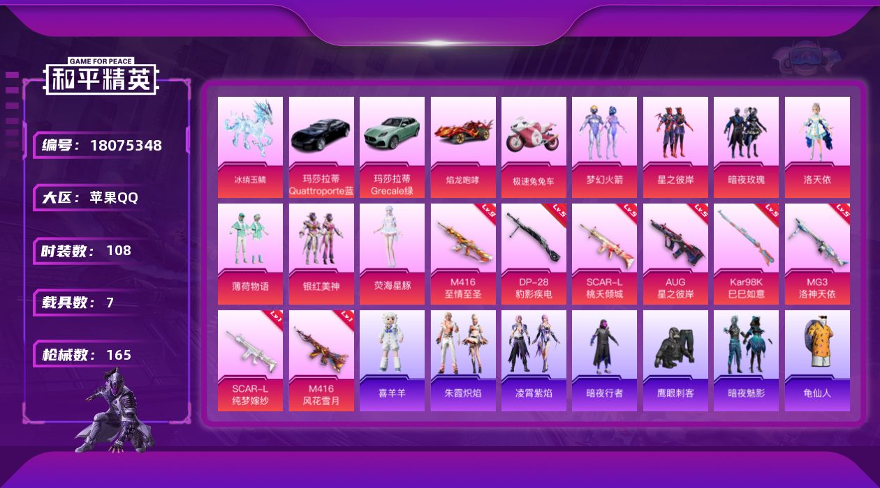 和平精英账号苹果QQ[18075348]M416-至情至圣(九级)【特价出售/店主推荐】苹果 手Q-7粉装-8特效枪-7载具-6粉色飞行器-62584热力值-13王牌印记-108套装-165枪皮【热门品类】：粉装-梦幻火