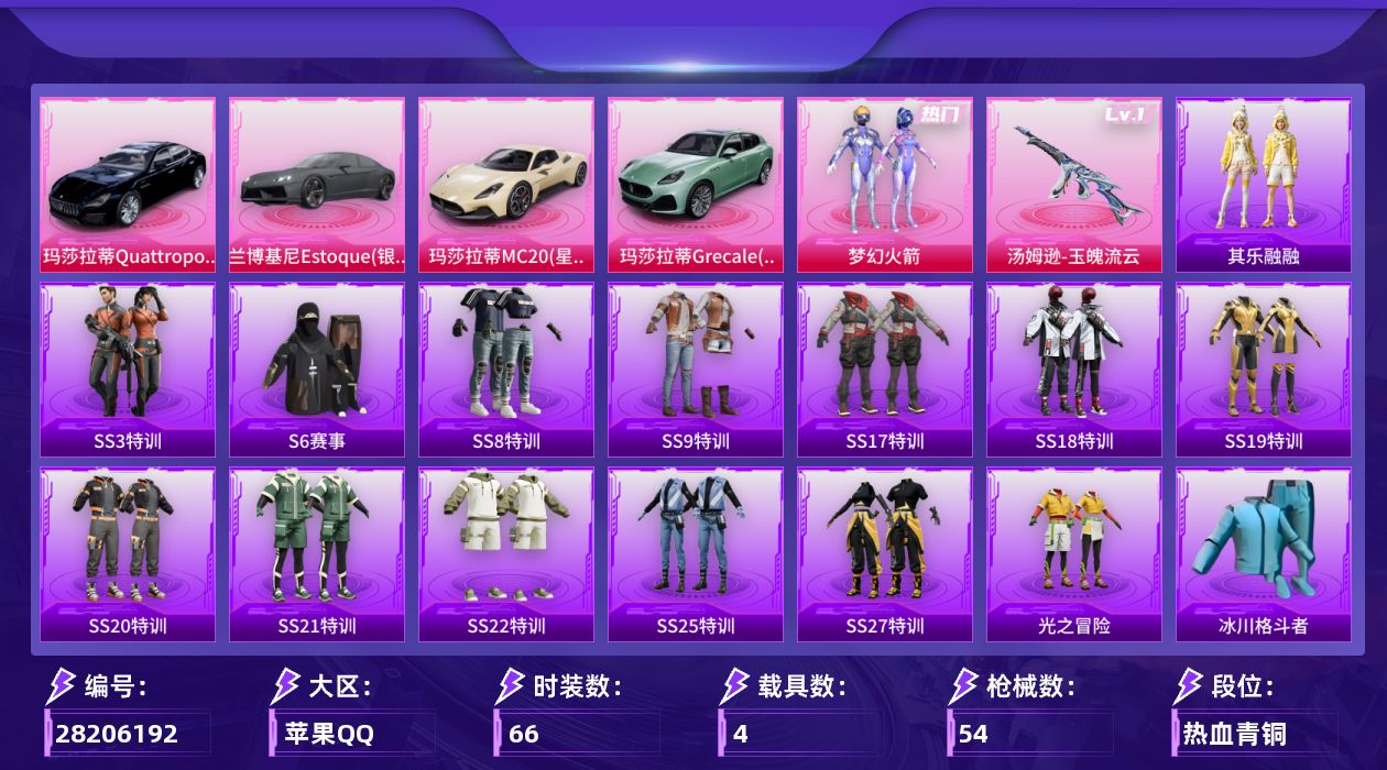 [28206192]苹果手Q-历史最高段位：超级王牌11星-1粉装-1特效枪-4载具-21258热力值-8王牌印记-66套装-54枪皮
【热门品类】：粉装-梦幻火箭，套装-SS1特训
【粉色套装】：粉装-梦幻火箭
【粉色枪皮等级】：汤姆逊-玉魄流云(一级)
【粉色载具】：兰博基尼Estoque（银翼灰），玛莎拉蒂MC20（星石白），玛莎拉蒂Quattroporte（夜幕蓝），玛莎拉蒂Grecale（薄荷绿）
【粉色枪皮】：汤姆逊-玉魄流云
【粉色降落伞】：垂柳戏鸭降落伞，夜鸢箴言降落伞，吾皇猫降落伞
【稀有套装】：套装-其乐融融，套装-蓝海鲸歌
【稀有枪皮】：AKM-彩虹符号，AKM-生命誓言，AKM-破晓战魂，AKM-虎虎生威，AKM-龙的传人，SCAR-L-玉兔迎春，SCAR-L-黄金龙骨，M416-夜灯，M416-红色方程式，GROZA-生命誓言，AUG-耀粉歌者，M762-瑞龙福将，M762-萌物绒绒，M762-诡娃娃，蜜獾-垂柳戏鸭，蜜獾-娇憨猪猪，UZI-娇憨猪猪，UMP45-生命誓言，Vector-暗夜玫瑰，汤姆逊-天降萌叽，汤姆逊-耀粉歌者，MP5K-众神之王，Kar98K-炫彩节奏，Mini14-炫彩节奏，Mini14-生命誓言，Win94-瑞龙福将，SLR-娇憨猪猪，S1897-炫彩节奏，S12K-瑞龙福将，S12K-垂柳戏鸭，S12K-娇憨猪猪，M249-糯团青竹，DP-28-彩虹符号，MG3-瑞龙福将
【其他套装】：套装-SS3特训，套装-S6赛事，套装-SS8特训，套装-SS9特训，套装-SS17特训，套装-SS18特训，套装-SS19特训，套装-SS20特训，套装-SS21特训，套装-SS22特训，套装-SS25特训，套装-SS27特训，套装-光之冒险，套装-冰川格斗者，套装-决胜时刻，套装-夏日音浪，套装-完美偶像，套装-海滨突袭者，套装-滨海假日，套装-燃烧卡路里，套装-牛气满满，套装-玉兔迎春，套装-疯狂小兔子，套装-白色伏地魔，套装-破蛋小黄鸡，套装-福星高照，套装-竞技名士，套装-竞技达人朋克，套装-绯格组合，套装-耀眼新星，套装-蓝色守护者，套装-蓝色运动，套装-都市漫游者，套装-长空猛禽，套装-青春校园，套装-飞行日记，套装-骑行爱好者，套装-黄色名流，套装-龙的传人，套装-刚毅裁决者，套装-夜莺强袭者，套装-智慧之神，套装-瑞龙福将，套装-