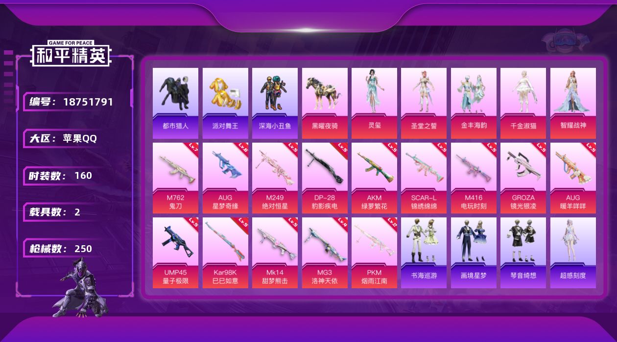 和平精英账号苹果QQ[18751791]苹果 手Q-1神装-5粉装-19特效枪-2载具-7粉色飞行器-79043热力值-10王牌印记-160套装-250枪皮
【红色神装等级】：暮色玫影-艾丽娅(二级)
【红色角色神装】：