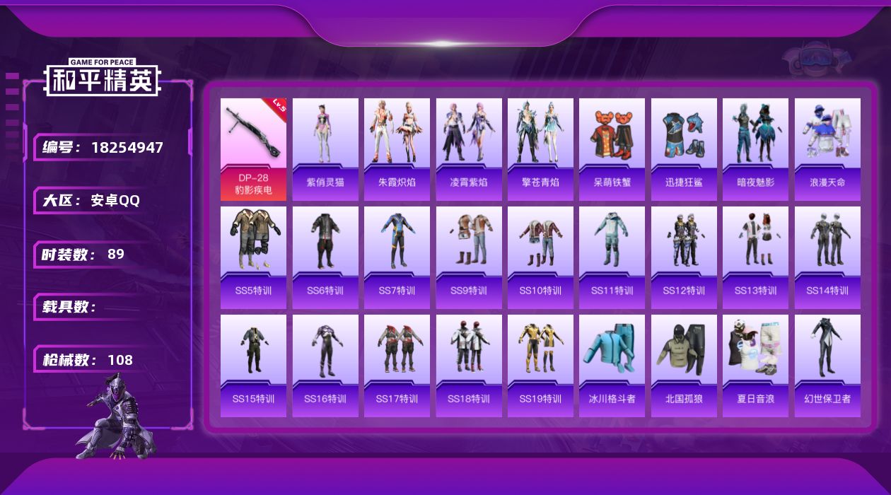 和平精英账号安卓QQ[18254947]安卓 手Q-0粉装-4特效枪-0载具-2粉色飞行器-28878热力值-4王牌印记-89套装-108枪皮
【热门品类】：套装-浪漫天命
【粉色枪皮等级】：ACE32-萌骑漫游(三级)