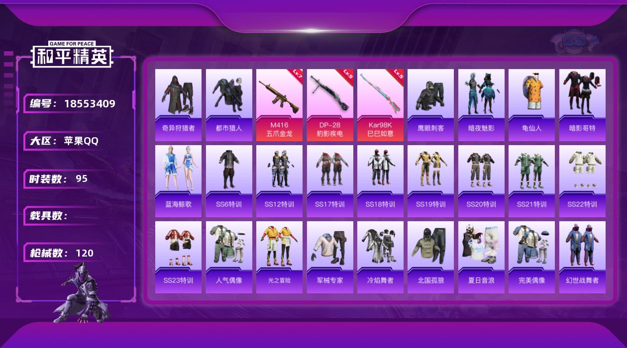 和平精英账号苹果QQ[18553409]苹果 手Q-0粉装-4特效枪-0载具-0粉色飞行器-38581热力值-7王牌印记-95套装-120枪皮
【热门品类】：套装-都市猎人，套装-奇异狩猎者，套装-龟仙人，套装-暗影哥特