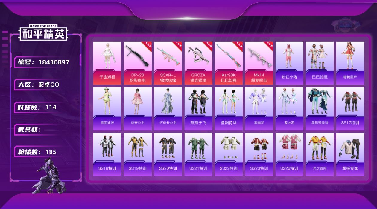 和平精英账号安卓QQ[18430897]安卓 手Q-2粉装-7特效枪-0载具-1粉色飞行器-51545热力值-4王牌印记-114套装-185枪皮
【热门品类】：套装-粉红小猪
【粉色套装】：角色-千金淑猫，角色-虹云熊熊