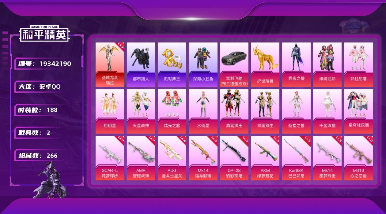 和平精英账号安卓QQ[19342190]DAS11259 可二次 安卓手Q-15王牌印记-1红装-12粉装-15特效枪-2载具-93874热力值-188套装-266枪皮-5卓越印记-2传奇印记 圣域龙灵-瑞拉/3级,套装