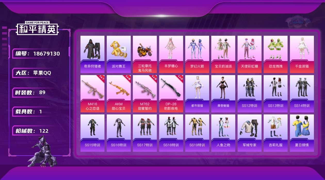 和平精英账号苹果QQ[18679130]苹果 手Q-7粉装-6特效枪-1载具-3粉色飞行器-44826热力值-8王牌印记-89套装-122枪皮
【热门品类】：粉装-梦幻火箭，套装-派对舞王，套装-奇异狩猎者
【粉色套装】